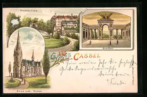 Lithographie Cassel, Drahtbrücke, Auethor, Neue luth. Kirche