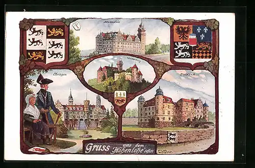 Künstler-AK Öhringen, Schloss, Neuenstein, Waldenburg, Hohenlohe