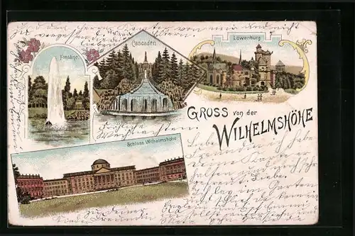 Lithographie Kassel-Wilhelmshöhe, Löwenburg, Cascaden, Schloss