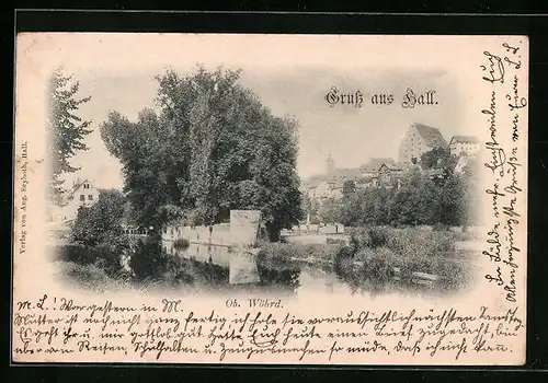 AK Hall, Ob. Wöhrd, Flusspartie mit Stadtpanorama