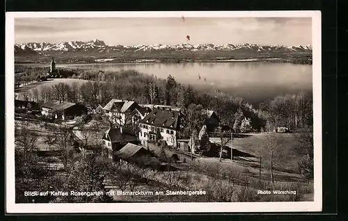 AK Assenhausen a. Starnberger See, Cafe Rosengarten mit Bismarckturm