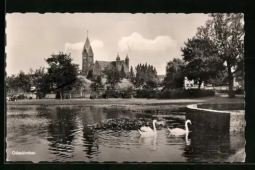 AK Odenkirchen, Kirche vom Schwanenteich gesehen