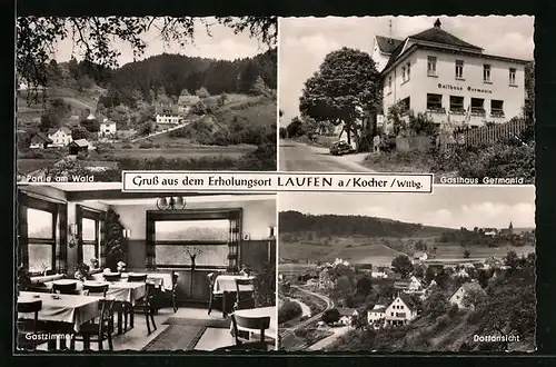 AK Laufen a. K., Gasthaus Germania, Partie am Wald, Ortsansicht