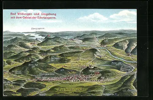 Künstler-AK Eugen Felle: Bad Wildungen, Reliefkarte - Gesamtansicht des Ortes mit Umgebung und Edertalsperre