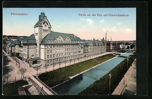 AK Pforzheim, Partie an der Enz mit Friedrichsschule