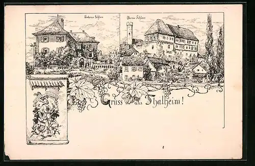 Lithographie Talheim / Neckar, Unteres und Oberes Schloss, Wappen