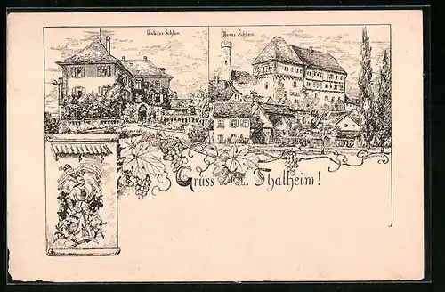 Lithographie Talheim / Neckar, Unteres und Oberes Schloss, Wappen