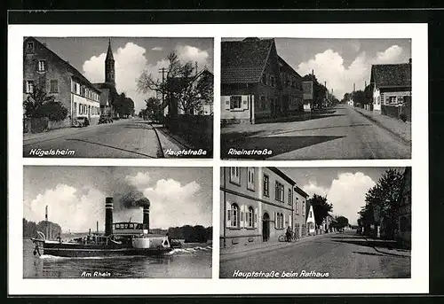 AK Hügelsheim, Rheindampfer, Hauptstrasse beim Rathaus