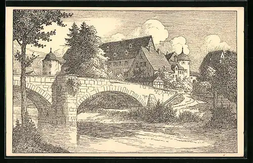 Künstler-AK Gaildorf, Partie an der Brücke