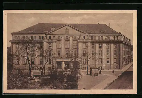 AK Karlsruhe, Gewerbeschule am Lidellplatz mit Lidellbrunnen