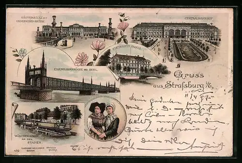 Lithographie Strassburg, Centralbahnhof, Statthalter-Palais, Eisenbahnbrücke bei Kehl