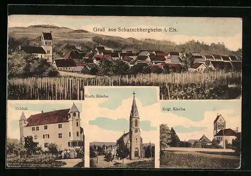 AK Scharachbergheim /Els., Panorama, Kirchen, Schloss