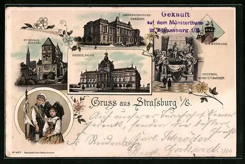 Lithographie Strassburg, Landesausschuss-Gebäude, Trachten, Denkmal Moritz von Sachsen