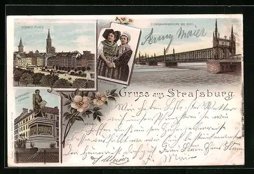 Lithographie Strassburg, Eisenbahnbrücke, Gutenberg-Denkmal
