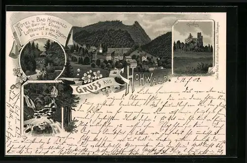 Lithographie Hohwald, Panorama, Spesburg, Hohwalder Wasserfall