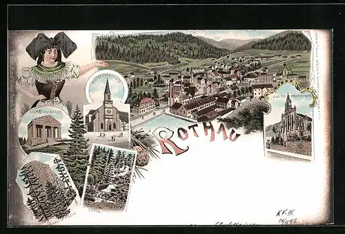 Lithographie Rothau, Panorama, Église Catholique, Serva