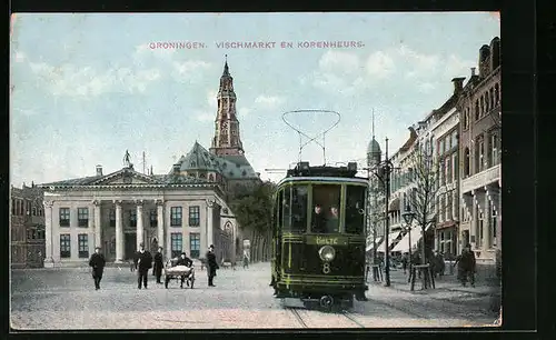 AK Groningen, Vischmarkt en Korenheurs, Strassenbahn