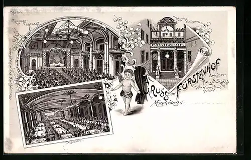 Lithographie Magdeburg, Hotel Fürstenhof, Haupteingang, Grosser Festsaal, Theater