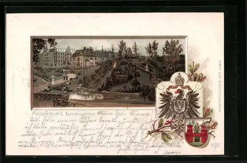 Passepartout-Lithographie Magdeburg, Partie im Louisengarten, Wappen