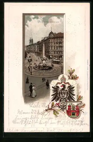Passepartout-Lithographie Magdeburg, Strassenverkehr a, Hasselbachbrunnen, Wappen