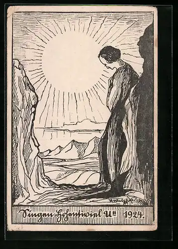 Künstler-AK Singen-Hohentwiel, Absolvia in 1924, Allegorische Gestalt mit aufgehender Sonne