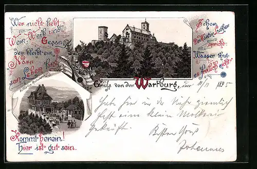Vorläufer-Lithographie Wartburg, 1895, Restaurant, Blick zur Burg