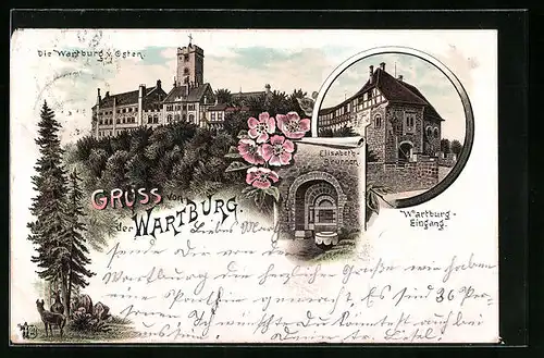 Vorläufer-Lithographie Wartburg, 1895, Elisabeth-Brunnen, Eingang