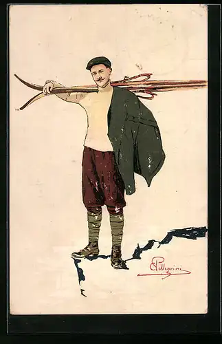 Künstler-AK Carlo Pellegrini: Junger Mann mit geschulterten Ski