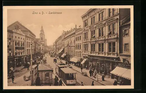 AK Linz a. D., Landstrasse aus der Vogelschau mit Strassenbahn