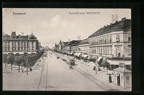 AK Temesvár, Kossuth-utca - Küttl-terrol, Strassenbahn