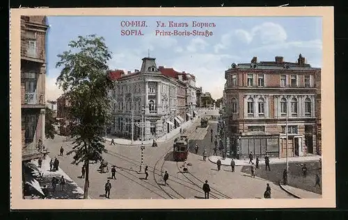 AK Sofia, Prinz-Boris-Strasse aus der Vogelschau, mit Strassenbahn