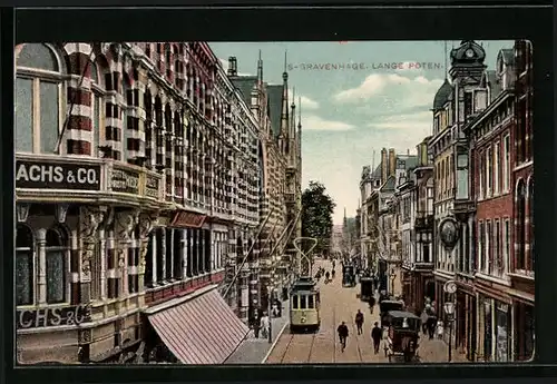 AK Scheveningen, Lange Poten, Strassenpartie mit Strassenbahn