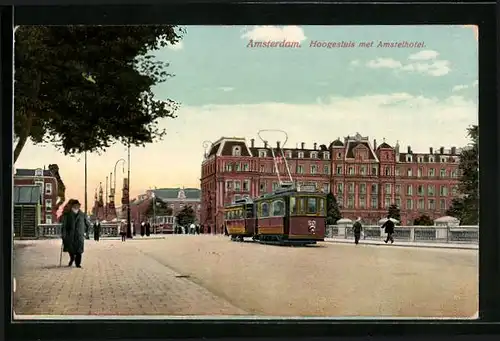 AK Amsterdam, Hoogesluis met Amstelhotel, Strassenbahnen