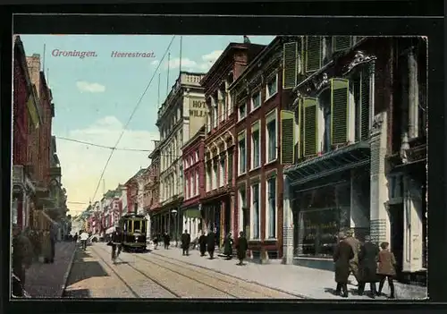 AK Groningen, Heerestraat, Strassenpartie mit Strassenbahn