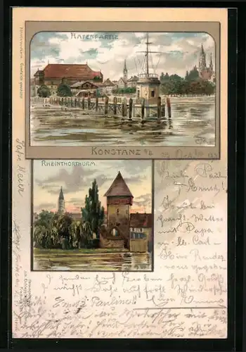 Künstler-AK Carl Biese: Konstanz a. B., Rheinthorturm, Hafenpartie