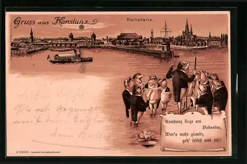 Lithographie Konstanz, Panorama mit Frosch-Gesangsgruppe und Dampfer