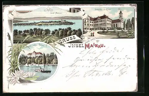 Lithographie Insel Mainau, Schlosshof mit Kirche, Schloss