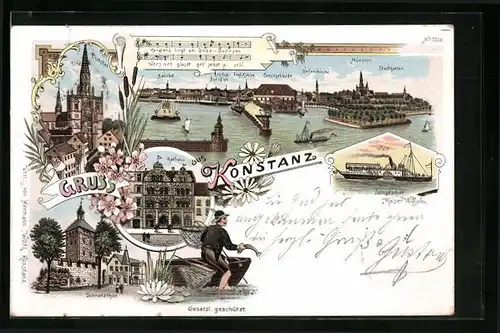 Lithographie Konstanz, Schnetzthor, Dampfer Kaiser Wilhelm, Münster