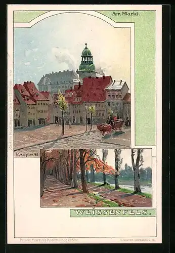 Künstler-AK Albert Stagura: Weissenfels, Partie am Markt, Allee im Herbst