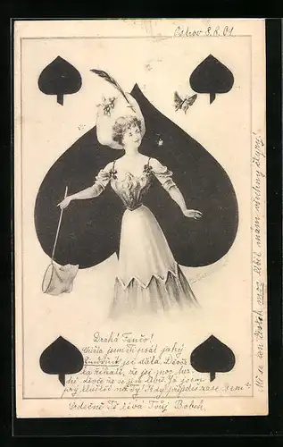 AK Spielkarte Pik, Dame fängt einen Schmetterling, Kartenspiel