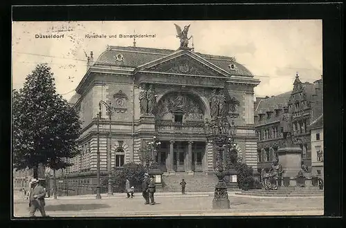 AK Düsseldorf, Kunsthalle und Bismarckdenkmal