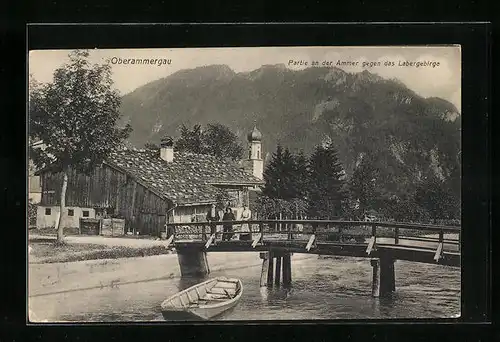 AK Oberammergau, Partie an der Ammer gegen das Labergebirge