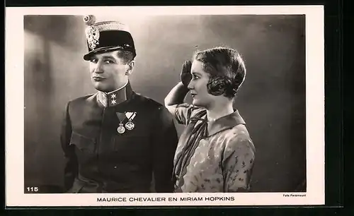 AK Schauspieler Maurice Chevalier und Schauspielerin Miriam Hopkins in einer Filmszene