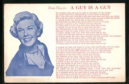 AK Schauspielerin Doris Day mit strahlendem Lächeln in A Guy is a Guy