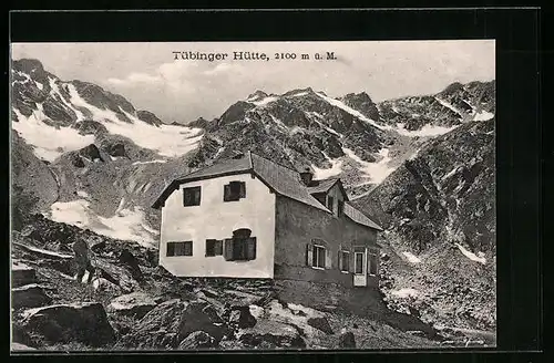 AK Tübinger Hütte, Berghütte vor Gebirgspanorama