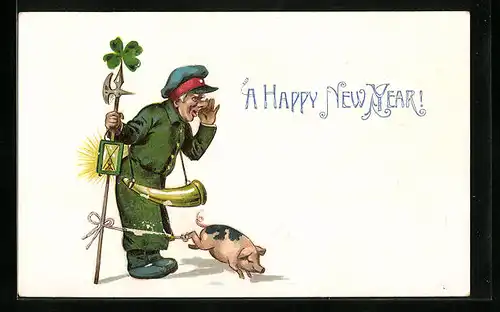 Präge-AK Nachtwächter mit Laterne und Glücksschwein beim Ausrufen, A Happy New Year