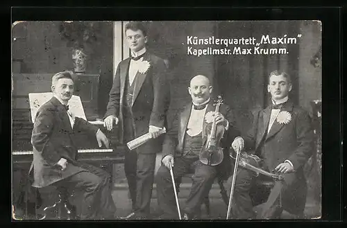 AK Künstlerquartett Maxim, Kapellmeister Max Krumm, Mitglieder mit Musikinstrumenten