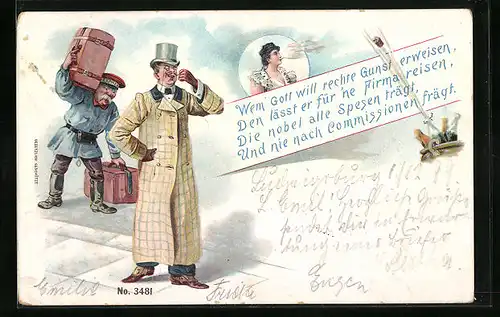 Lithographie Page schleppt das Gepäck eines vornehmen Mannes