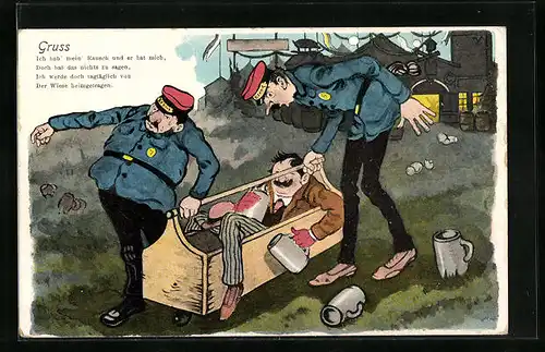 AK Zwei Pagen tragen einen Betrunkenen in einer Holzkiste