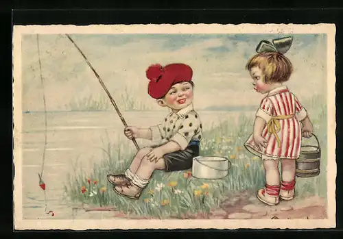 Künstler-AK Zwei Kinder angeln an einem Flussufer